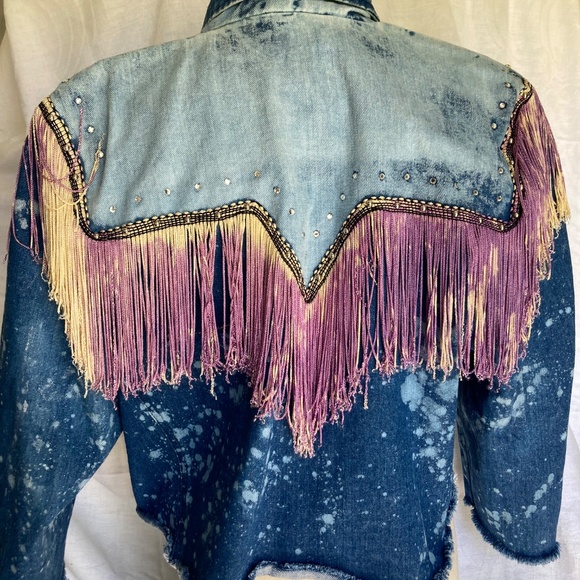 Upcycled Cropped Fringed Jean jacket ~stunner!! - Picture 4 of 6